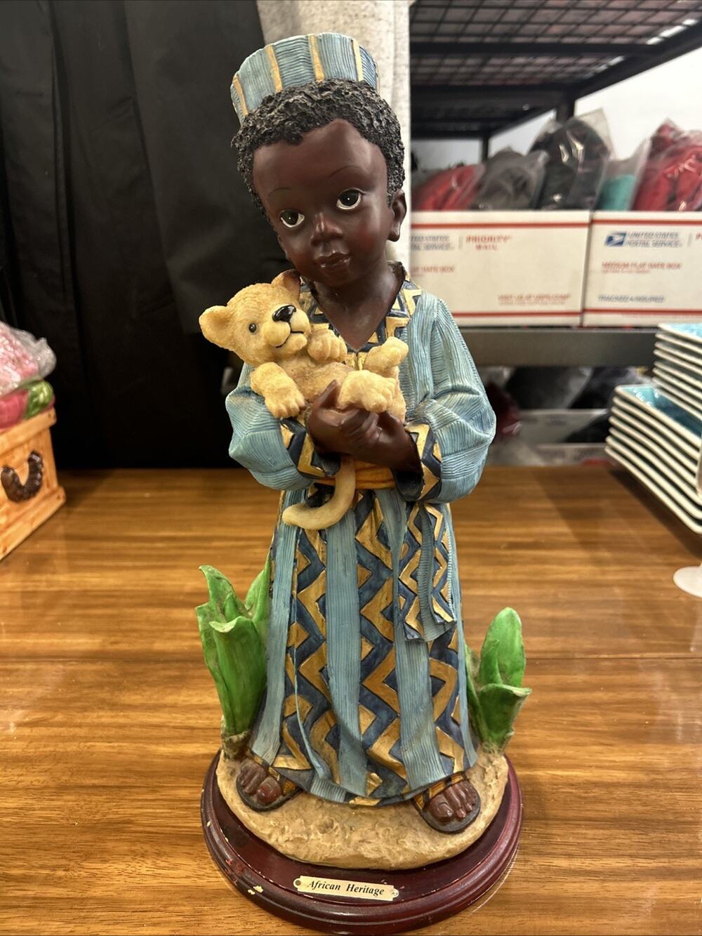 VTG African Heritage Resin Figurine Child Boy Holding Lion Cub Statue